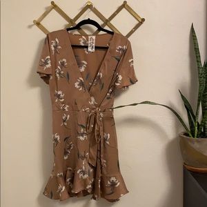 Taupe pink floral wrap dress ruffle hem